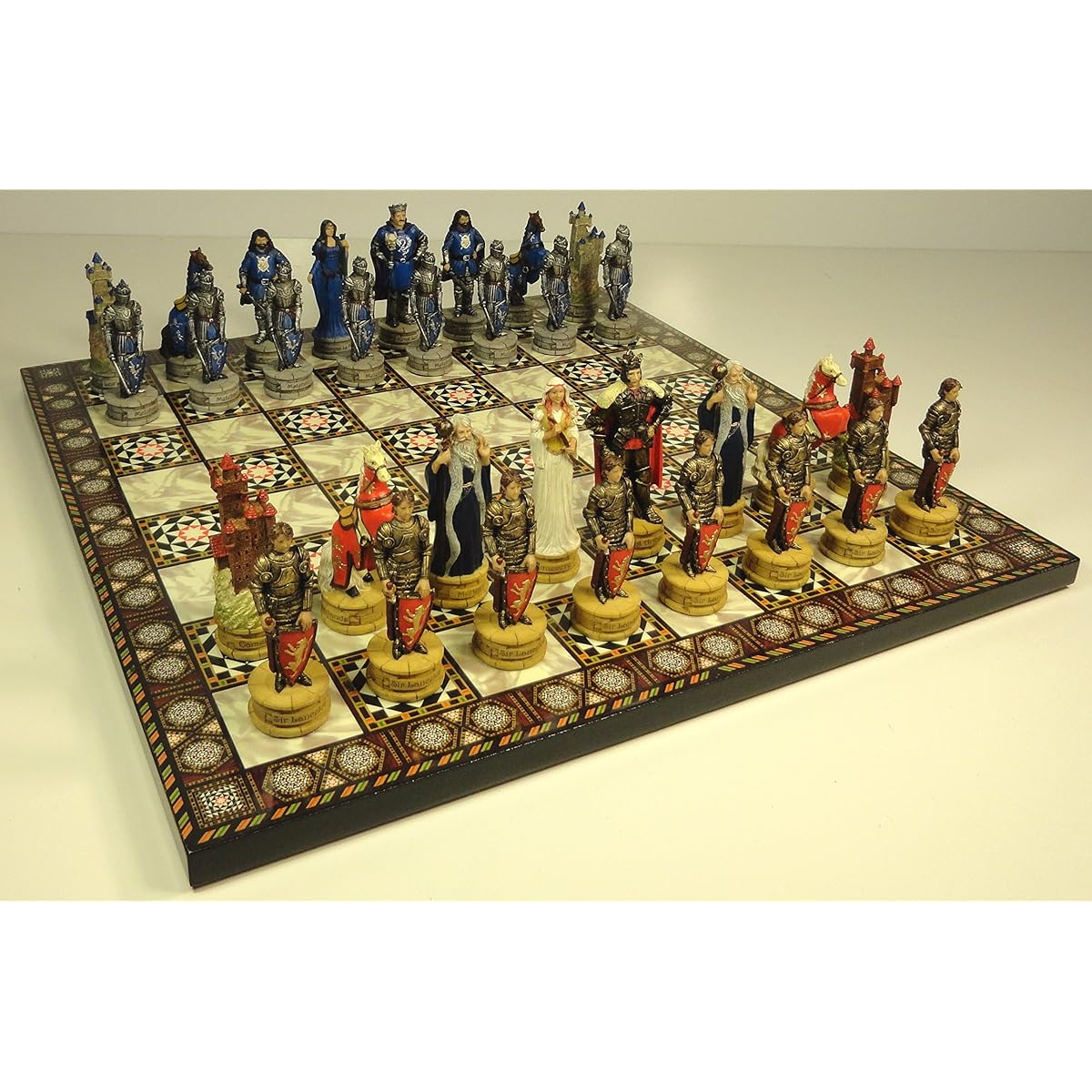 Medieval Times King Arthur / Lancelot Camelot Knights Chess Men Set W/ 15" High Gloss Dark Walnut & Birdseye Maple Color
