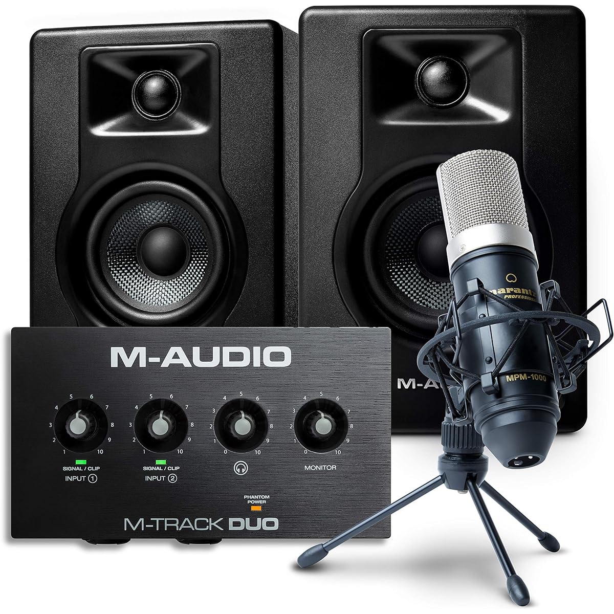 M-Audio Collaborative Bundle for Recording, Streaming, and Podcasts – M-Track Duo USB Audio Interface, BX3 Stereo Speakers, Marantz MPM-1000 Condenser Microphone