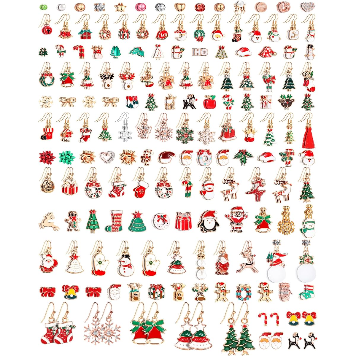 Loetere 210 Pairs Christmas Earrings for Women, Christmas Drop Earrings Set, Holiday Jewelry Earrings, Christmas Tree Snowflake Santa Claus Earrings, Christmas Holiday Party Decoration Supplies, Metal, No Gemstones