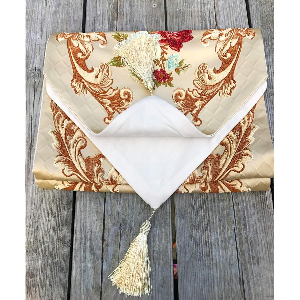 Magilona Home Tablecover Decor Luxurious Cotton Linen Embroidery 3D Floral Pattern Table Runner with Tassel Dining Party 13 x 83 in Gold