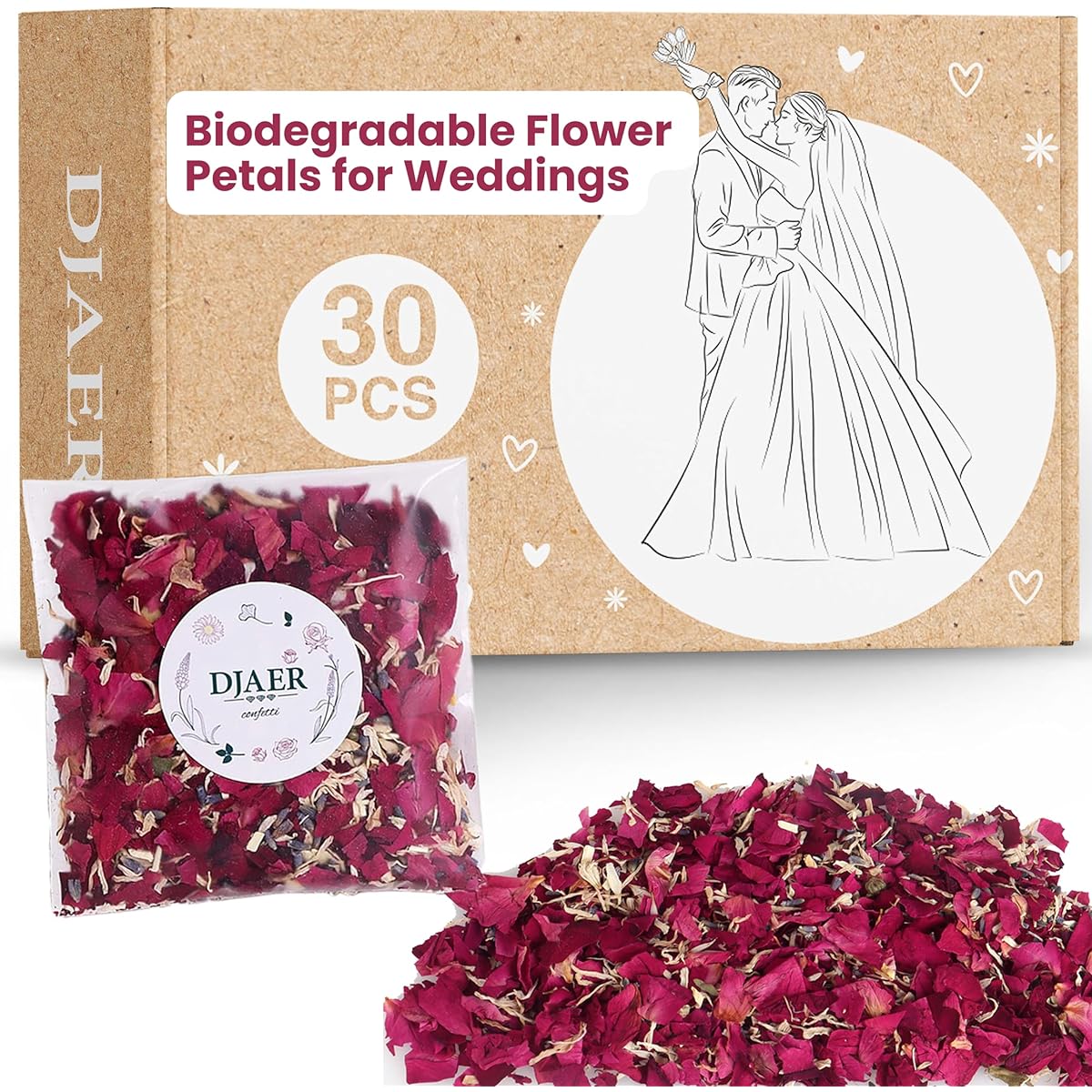 DJAER – Natural Dried Rose Flower Petals Confetti for Weddings, 30 Bags of Eco-Friendly Dried Rose Petals for Weddings, 100% Natural Biodegradable Dried Flower Petals for Weddings, Put in Cones