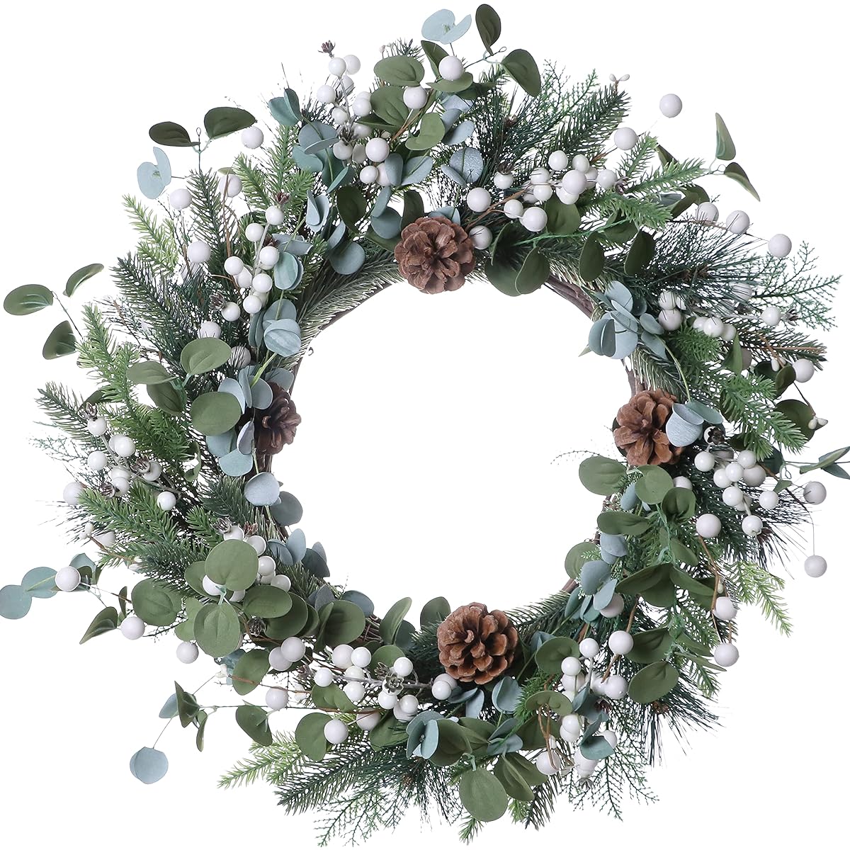 J'FLORU Christmas Wreath for Entryway, 20" Christmas Wreath with White Berries, Pine Cones and Pine Needles for Front Door Wall Window and Christmas Decorations