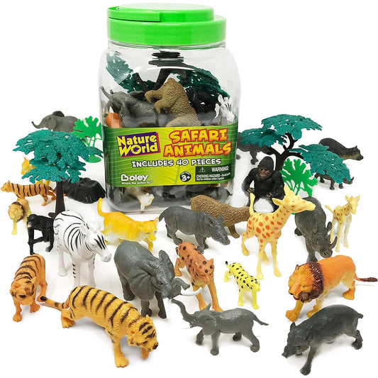 40 Piece Safari Animal Toy Set - Miniature Plastic Toy Wild Animal Figures for Kids and Toddlers - Includes Elephants, Tigers, Zebras and More