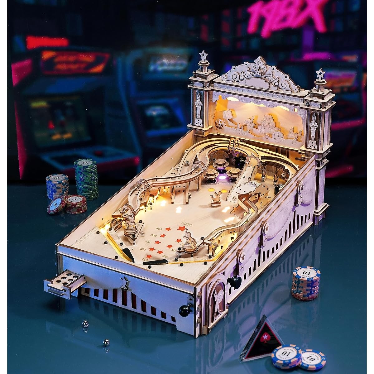 Wowood 3D Wooden Puzzle for Adults DIY Pinball Machine Mechanical Puzzle Model Building Kit Party Game for Adults/Teens/Kids Family Time