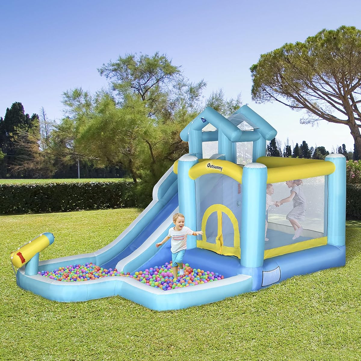Outsunny 5-in-1 Inflatable Water Slide Kids Castle Bounce House Slide Trampoline Pool Cannon Climbing Wall with Carry Bag Repair Patch Ocean Ball 680W Air Blower