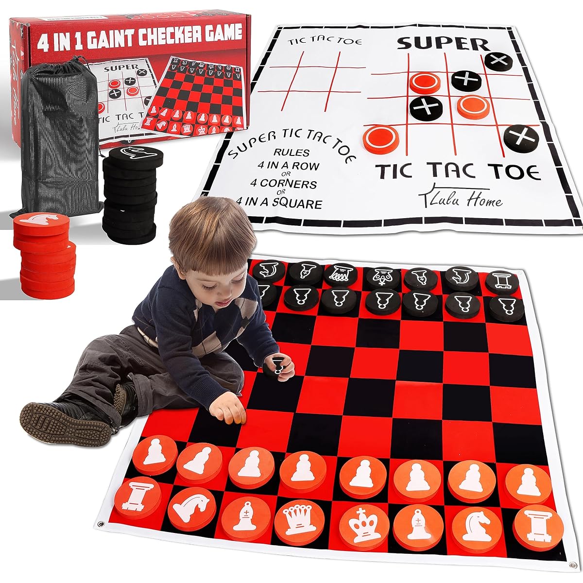 Lulu Home 4-in-1 Checkers Board Game 2.6ft x 2.6ft Tic Tac Toe Checkers Game Mat & Pieces Portable with Drawstring Bag Classic Checkers Rug Game for Picnic Camping Family Fun