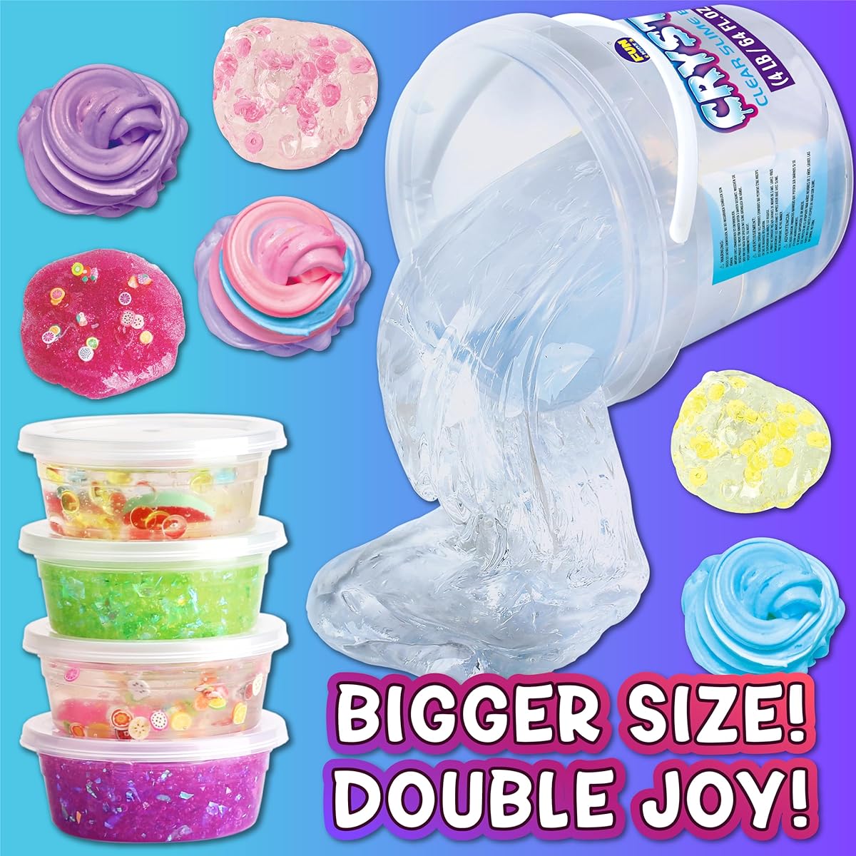 FunKidz 4 lb Giant Glass Clear Slime Bucket Toy for Kids, 64 Fl Oz Premade Big Crystal Slime Pack Gift, 29 Add-In Jumbo Slime Kit for Girls and Boys Party Favor