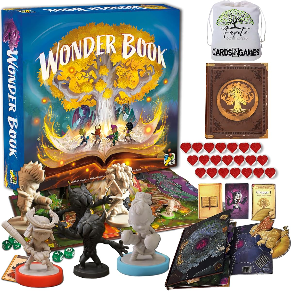 Fapeto More Than a Simple Name Cooperative Campaign Storybook of the World of Oniria Board Game Wonder Book with Random Color Drawstring Bag and 21 Hearts Compatible with Upgraded Tokens
