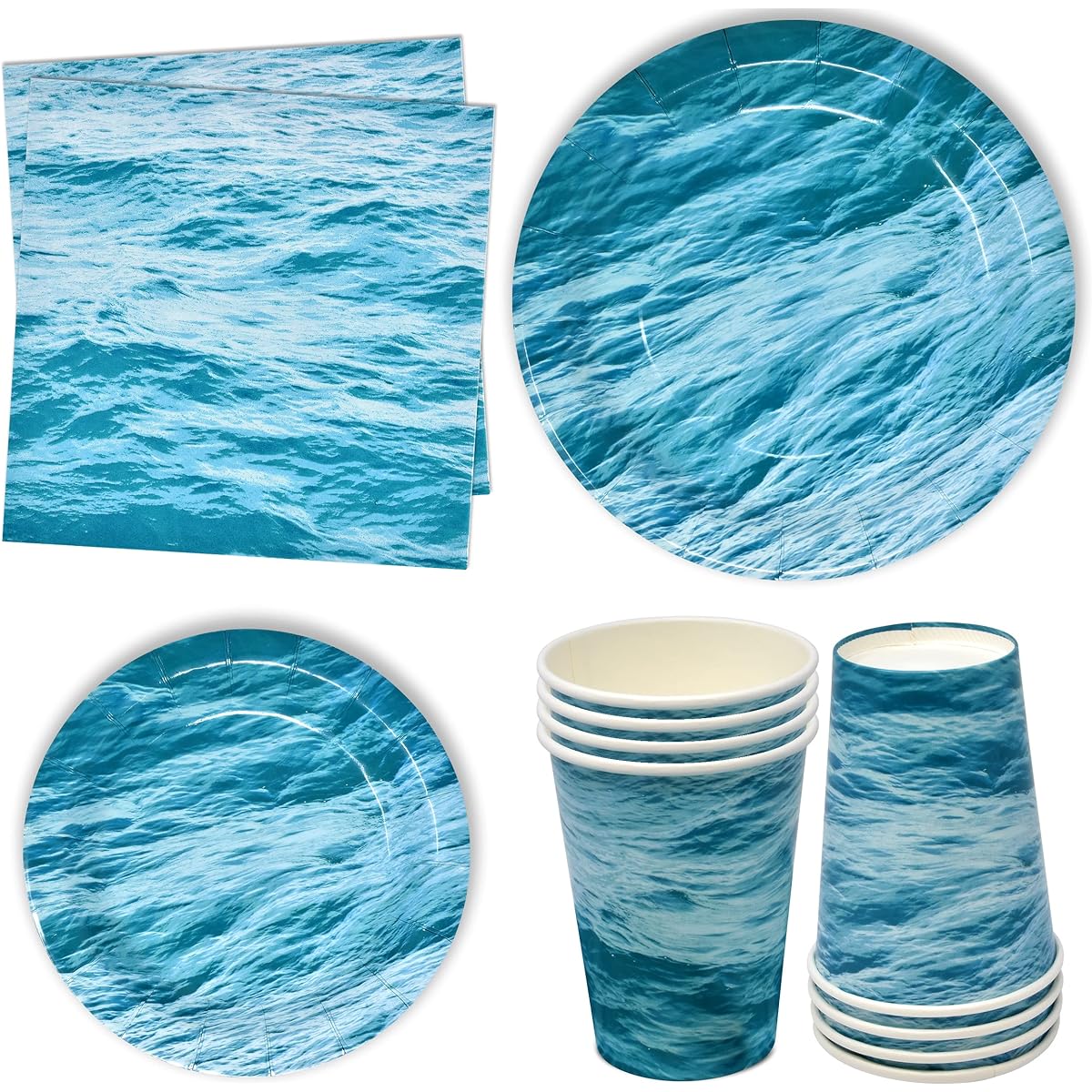 Ocean Waves Party Supplies Tableware Set 24 Pieces 9" Plates 24 Pieces 7" Plates 24 Pieces 9oz Cups Lunch Napkins Under the Sea Summer Pool Beach Blue Water Wave Disposable Paper Goods for Baby Shower Birthday Party