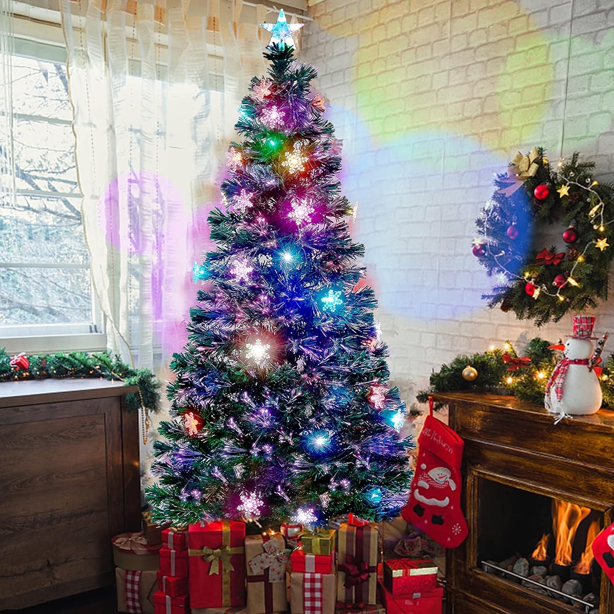 Juegoal 6ft Pre-lit Fiber Optic Christmas Artificial Tree LED RGB Color Changing LED Lights Snowflake Top Star Festival Party Holiday Faux Multicolor Christmas Tree with Sturdy Metal Legs