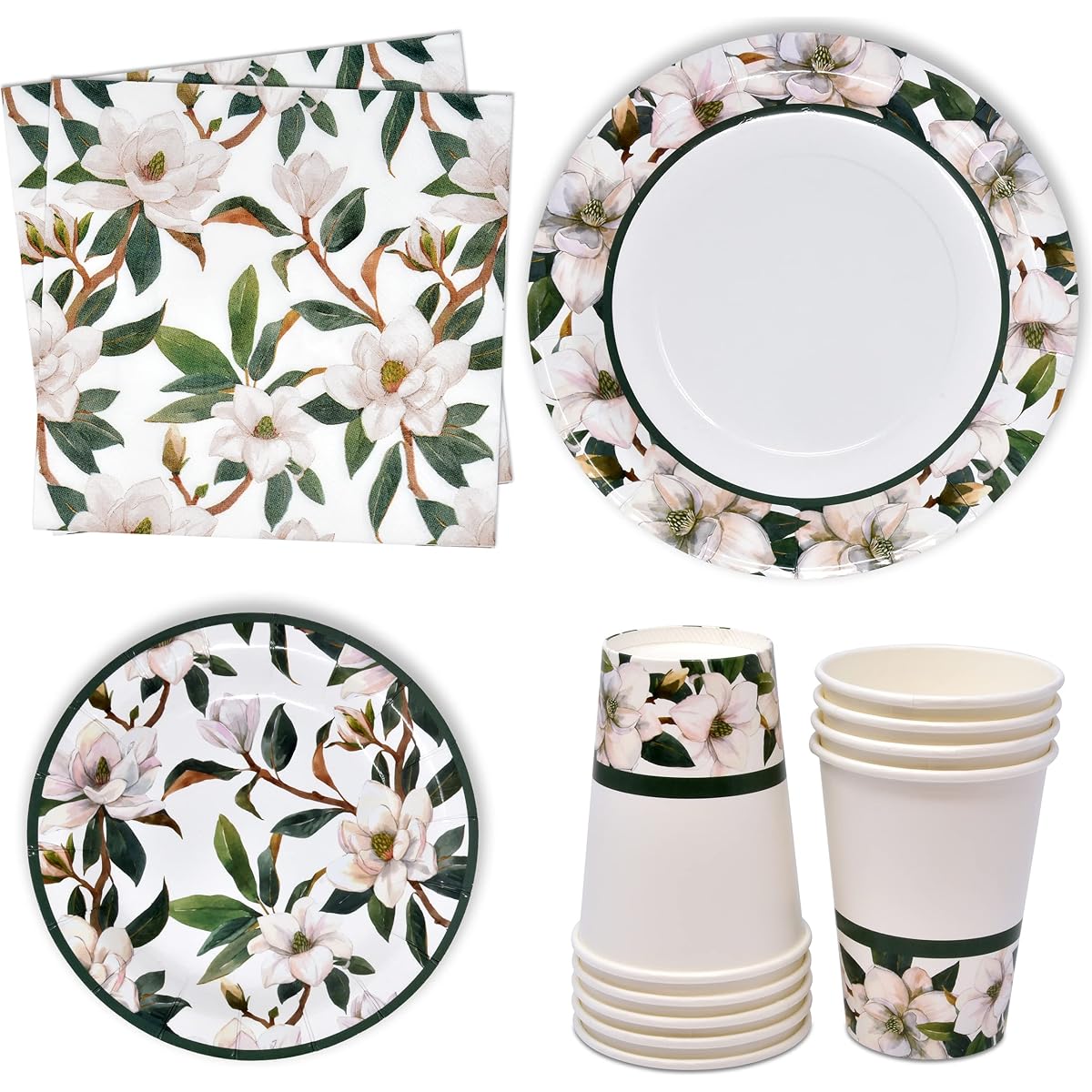 Magnolia Floral Disposable Tableware Party Supplies Set White Flowers Green Leaves 24 Pieces 9" Plates 7" Paper Plates 24 Pieces 9oz Cups 24 Pieces Lunch Napkins Baby Shower Tea Birthday Spring Tableware Decor