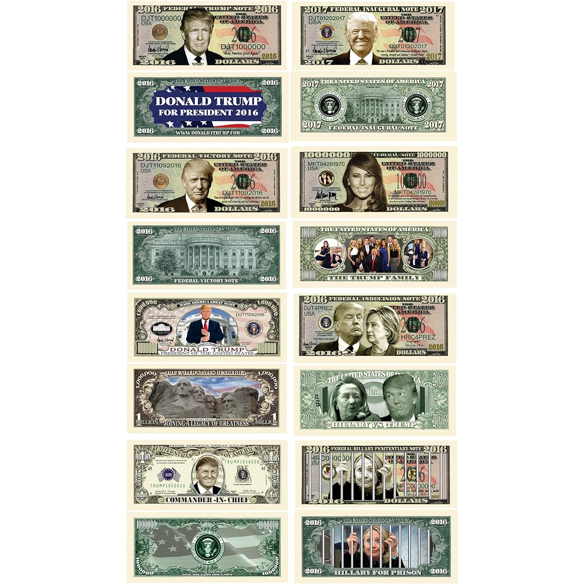 American Art Classics Donald Trump 45th President Collector Set of 8 Bills: Commander in Chief Bill 2016 Bill 2016 Victory Legacy Bill 2017 Trump with Melania and Hillary Prison Notebook