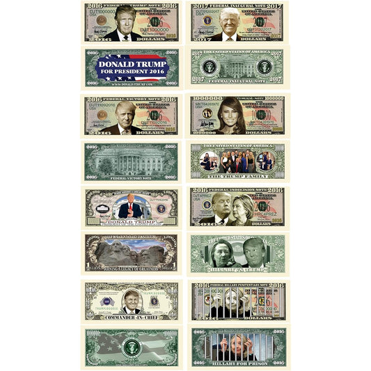 American Art Classics Donald Trump 45th President Collector Set of 8 Bills: Commander in Chief Bill 2016 Bill 2016 Victory Legacy Bill 2017 Trump with Melania and Hillary Prison Notebook