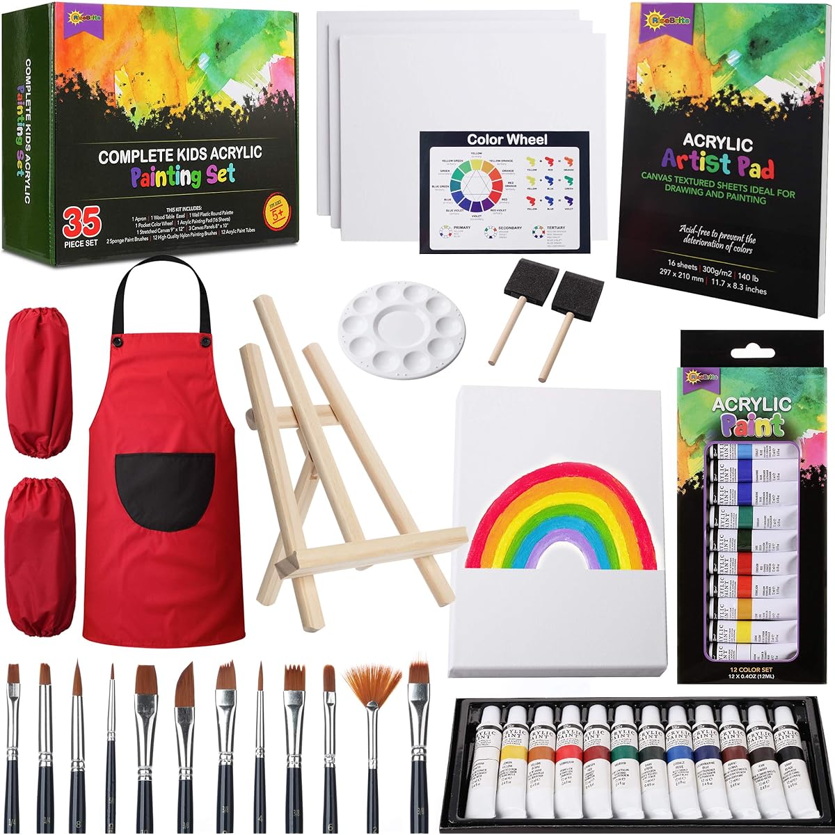RISEBRITE Art Set for Kids - 35 Piece Deluxe Acrylic Paint Set for Kids - Non-Toxic Paints, Tabletop Easel, Paint Brushes, Canvas, Painting Pad and Other Premium Art Supplies