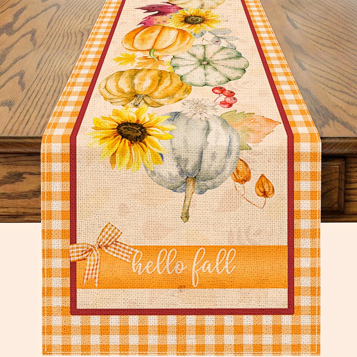 Autumn Table Runner Autumn Runner Hello Fall Pumpkin Gnome Runner for Table 72 Inch Autumn Primitive Orange Buffalo Plaid Decor Small Table Runner Rug for Home Decor Dining Room Kitchen