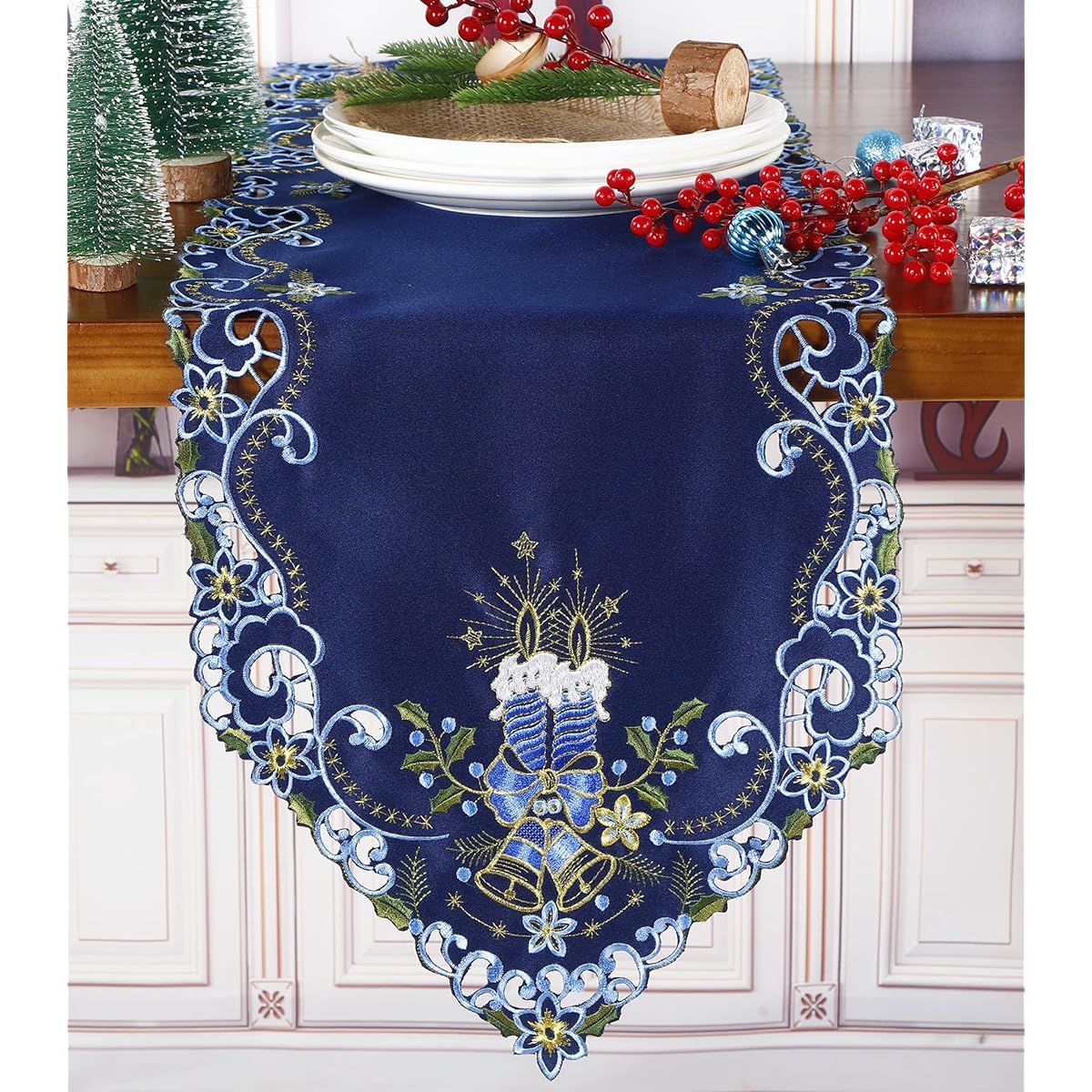 GRANDDECO Holiday Christmas Table Runner, Cutwork Embroidered Floral Christmas Santa Claus/Candles/Parrot Dresser Scarf Table Topper Home Dining Christmas Table Top Decor Runner 13"x36"
