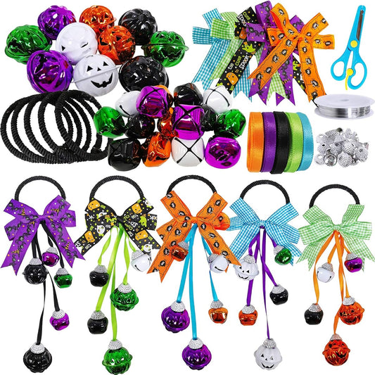 5 Sets Halloween Jingle Bell Wreath Door Hanger Ornament Craft Kit DIY Jack O Lantern Pumpkin Jingle Bell Assortment Kids Artwork Trick or Treater Favor Door Tree Decoration