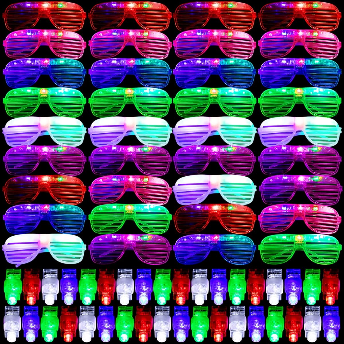 LED Light Up Neon Flashing Toys 72 Pack 6 Colors Glow in the Dark Party Supplies with 36 LED Glasses Shutter Shades Glowing Finger Ring Lights for Birthday, Easter, Carnival, Rave Parties