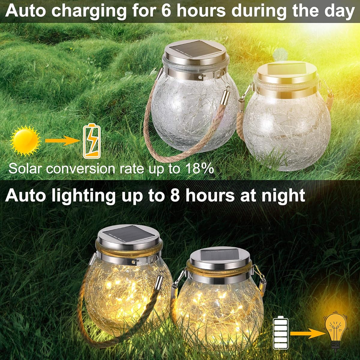 Solar Hanging Lantern Outdoor Waterproof Table Lamp Decorative Cracked Glass Jar 30LED Lights Garden Tree Courtyard Patio Aisle Christmas Holiday Party Decoration (1, Warm Lights)
