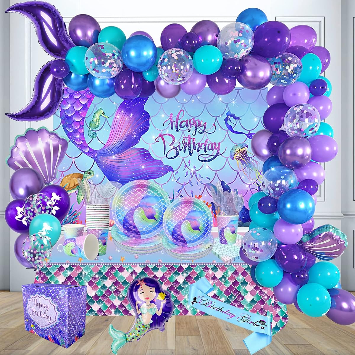 Nalyee Mermaid Birthday Party Supplies (Serves 16) Mermaid Birthday Party Decorations for Girls Under the Sea Mermaid Party Decorations
