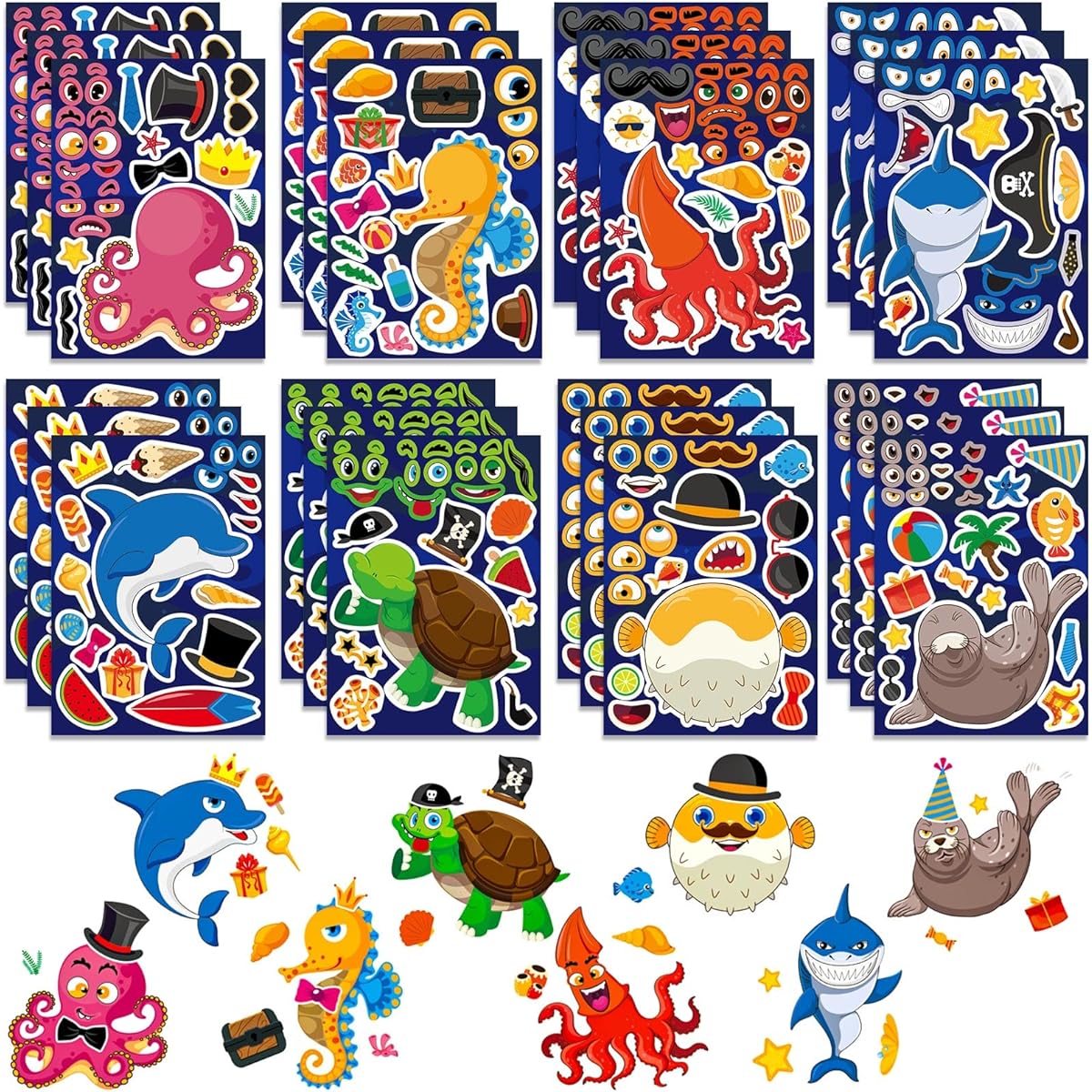 HOWAF Sea Animal Face Stickers, Sea Animal DIY Stickers for Kids Under the Sea Party Favors Holographic Theme Mix and Match Sea Animal Stickers for Summer Theme Birthday Party DIY Crafts, 32 Sheets