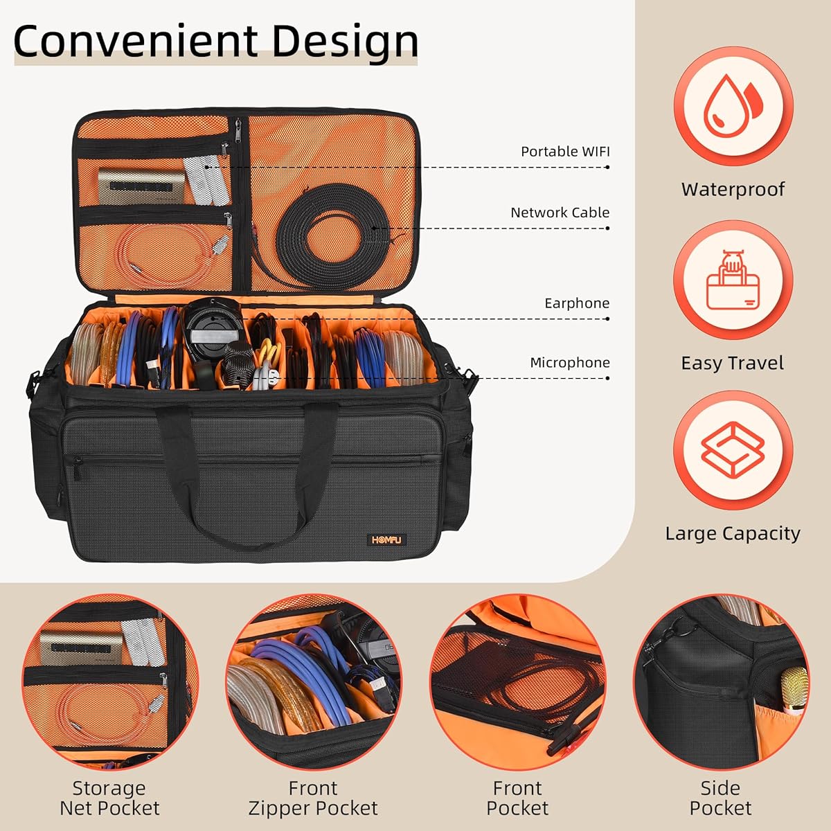 Homfu DJ Gear Gig Bag Large Capacity DJ Cable File Bag with Multifunctional Pocket and Removable Padded Bottom Travel Gig Bag for Cord Sound Equipment DJ Gear Outdoor