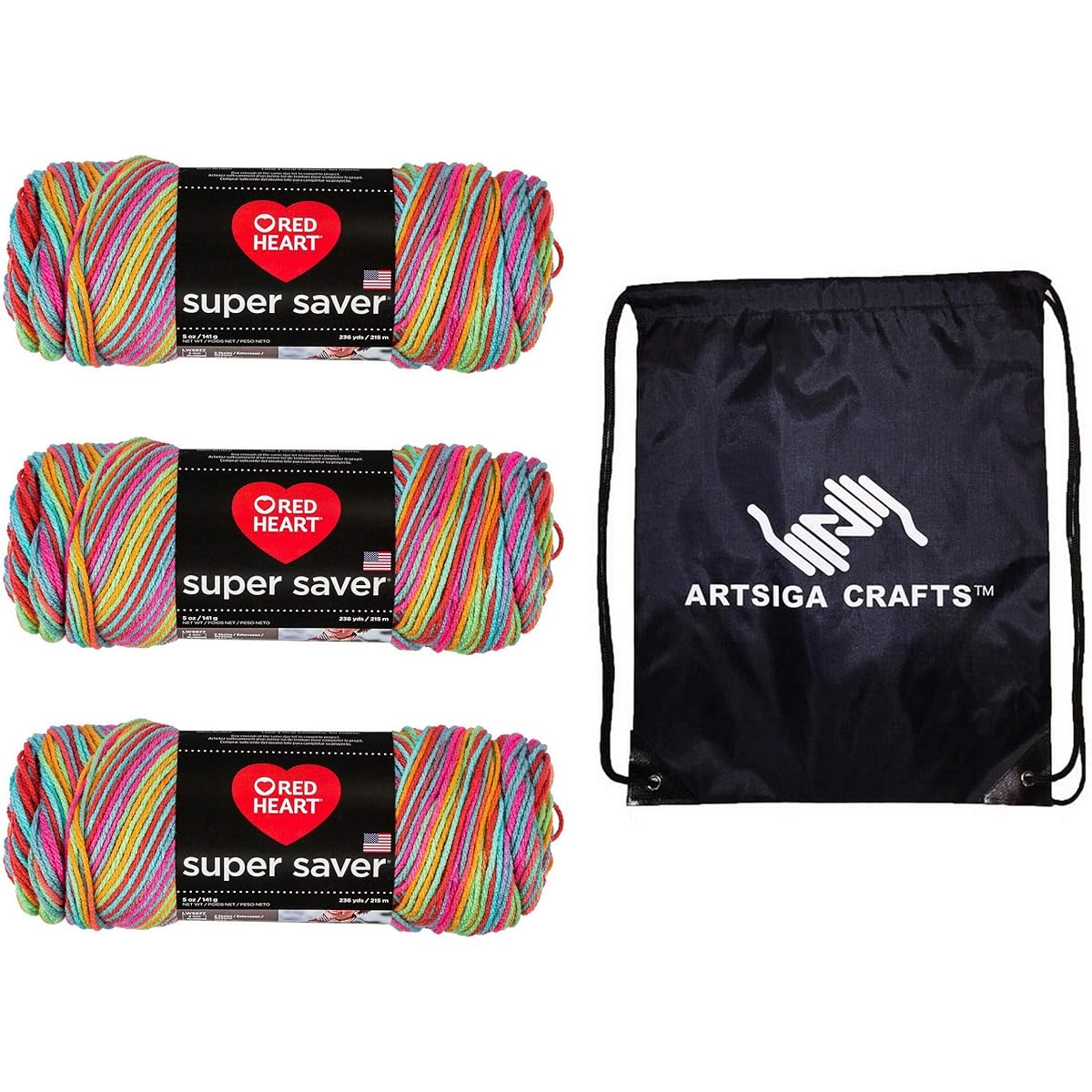 Red Heart Knitting Yarn Super Saver Pool 3 Skin Factory Pack (Matching Color Dye Lot) E300P Bundle with 1 Artsiga Craft Bag 3 Pack MPN-E300P-8536