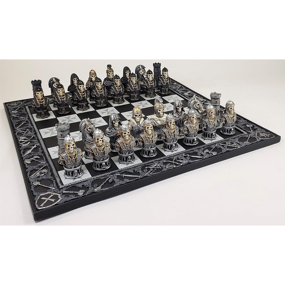Medieval Times Skull Bust Gothic Fantasy Skeleton Knights Chess Set with 17" Maltese Board