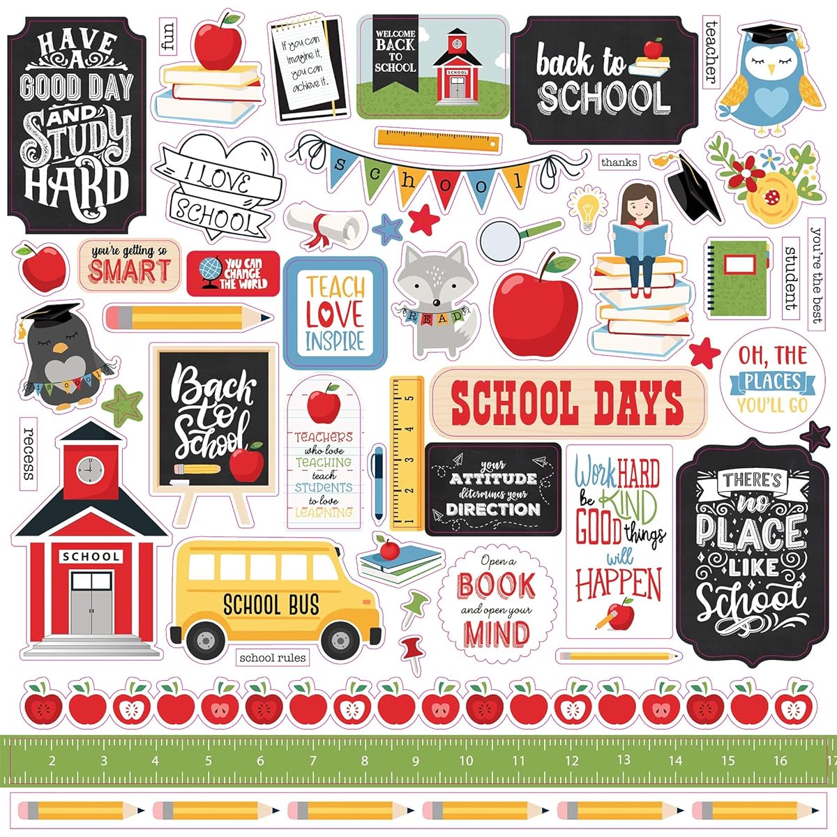 Echo Park Paper Company SCR215014 School Rules Element Stickers - Red, Blue, Black, Green, Yellow, Orange