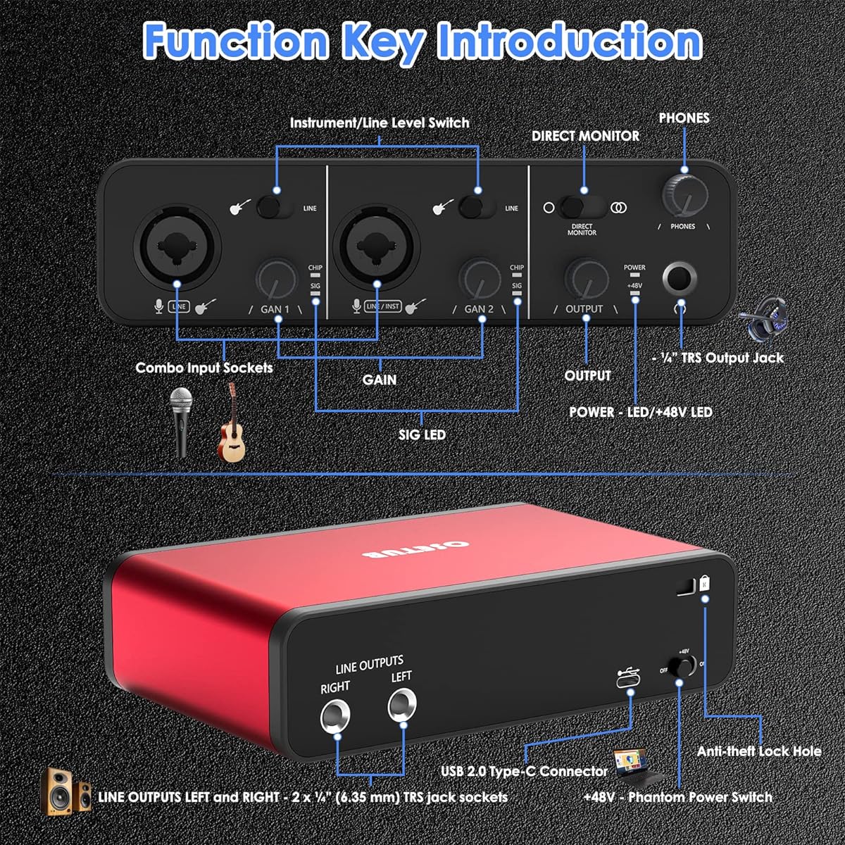 OseTub USB Audio Interface Solo 24-bit/192kHz 48V Phantom Power Compatible with Most DAWs and Recording Software USB Audio Interface Ideal for Podcasts/Recording/Live Streaming (AR004A-R-2)