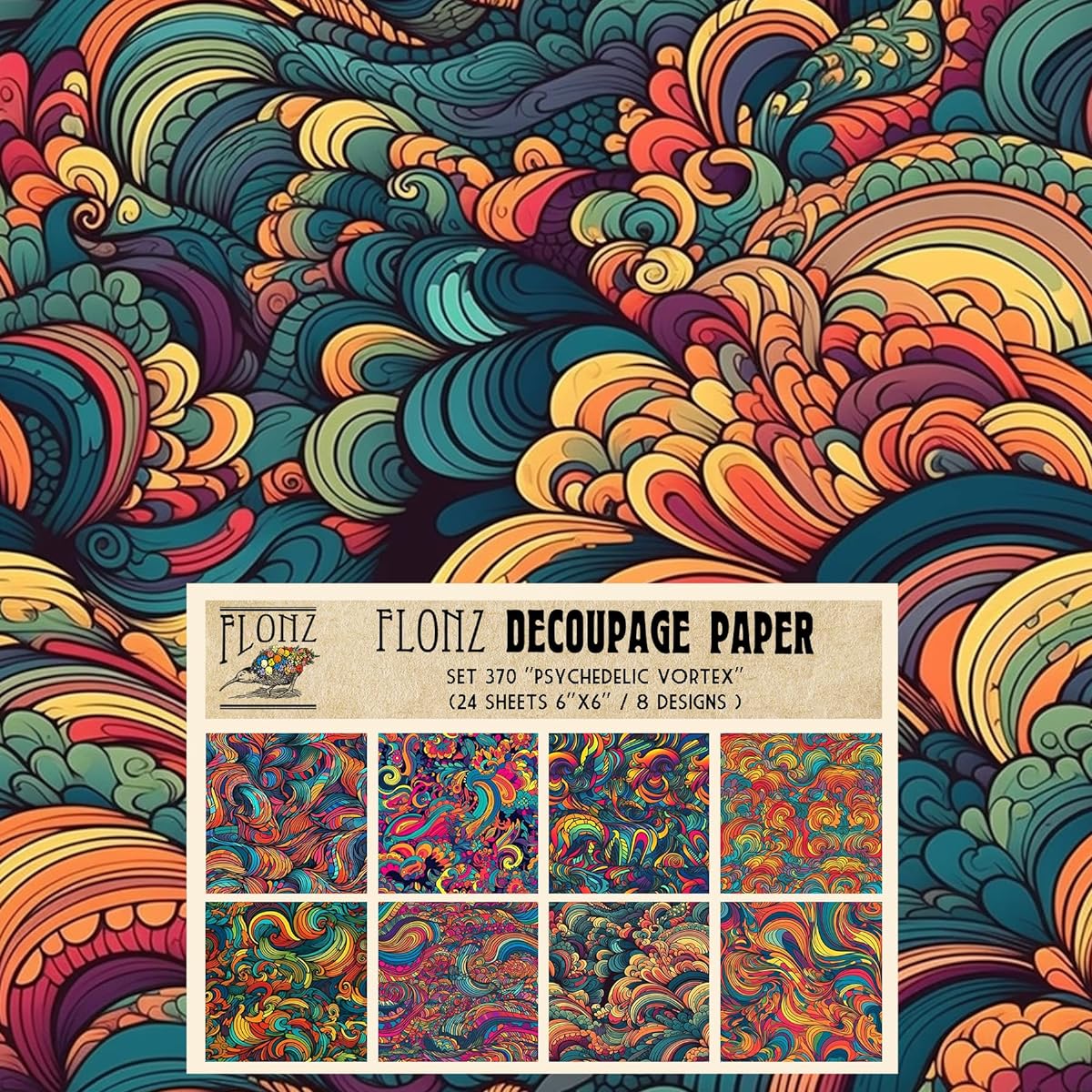 Decoupage Paper Pack (24 Sheets 6"x6") Psychedelic Vortex # Vintage Style Pattern Paper for Decoupage Craft Scrapbooking