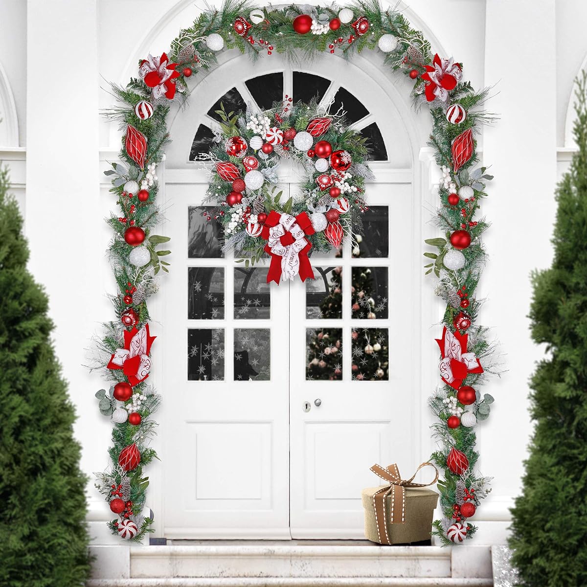 Valery Madelyn 30" Traditional Red White Large Lighted Christmas Wreath for Front Door with Ball Ornaments, Berries, Battery Operated, 40 LED Lights, Fireplace Christmas Decorations
