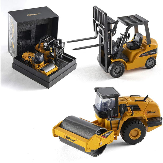 Top Race Metal Die Cast Construction Set of 2 Heavy Metal Forklift Road Roller Heavy Rubber Tires 1:50 Scale TR-162