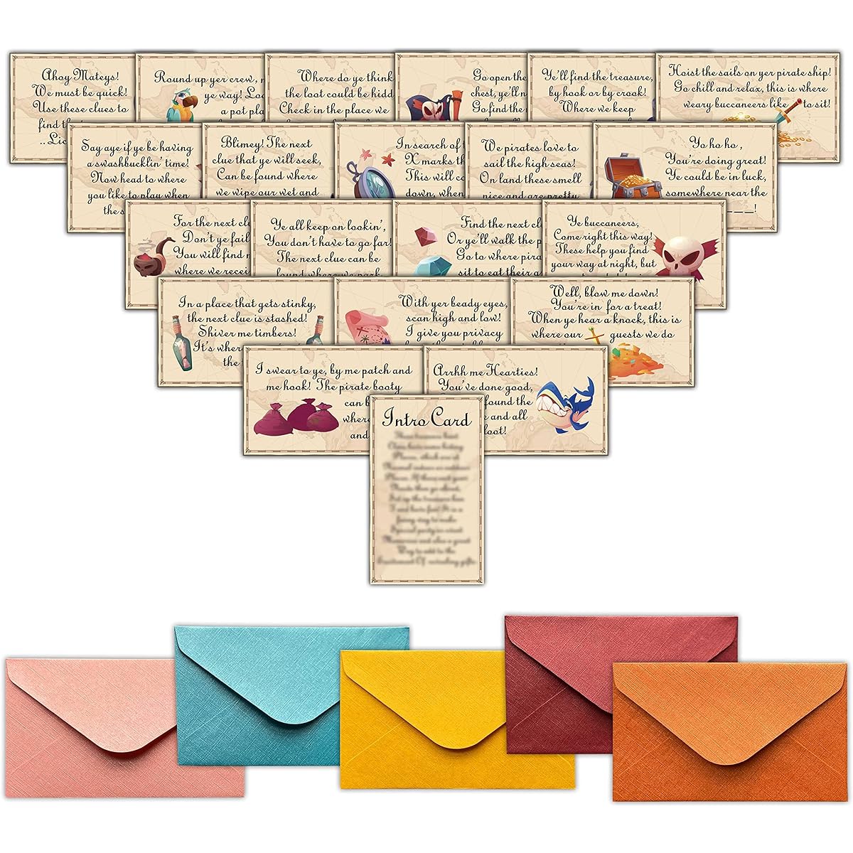 Ourdoor Halloween Pirate Treasure Hunt Clue Game Cards Birthday Party Scavenger Hunt Card Game (21 Cards with Colorful Envelopes) Indoor Pirate Party Game Supplies Activities for Kids and Adults (01)