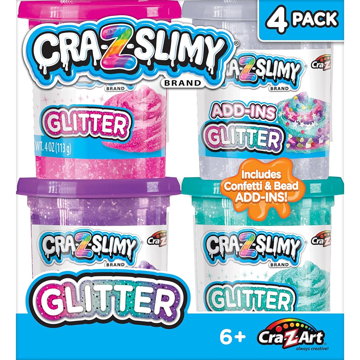 Cra-Z-Slimy Glitter Slime Set 4-Pack – Includes 3 Colors of Premade Glitter Slime and Glitter Add-ins