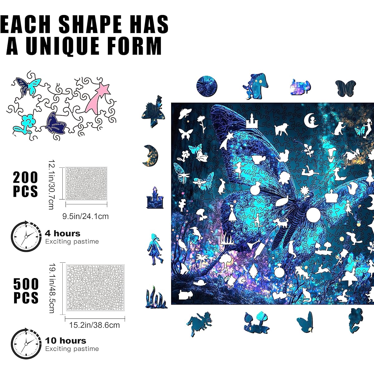 Mys Aurora Wooden Puzzle Fluorescent Butterfly Jigsaw Puzzle 500 Piece Uniquely Shaped Wooden Puzzle for Adults and Kids 9.5 x 12.1 inches