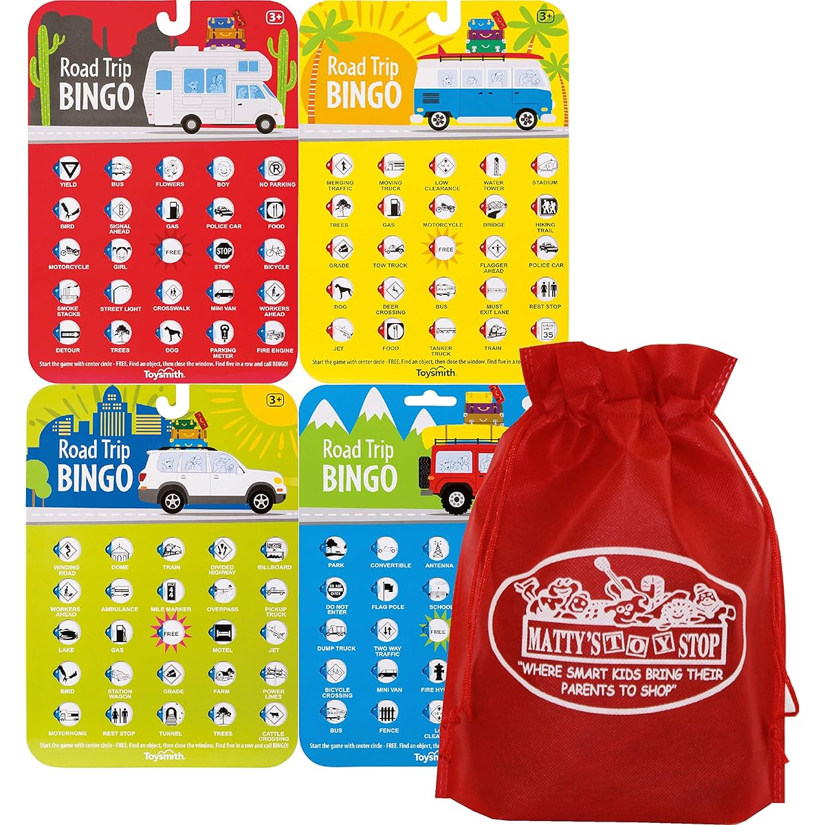 Toysmith Road Trip Bingo Cards Red Blue Green Orange Gift Set Travel Bundle with Bonus Matte Toy Stop Storage Bag - 4 Pack