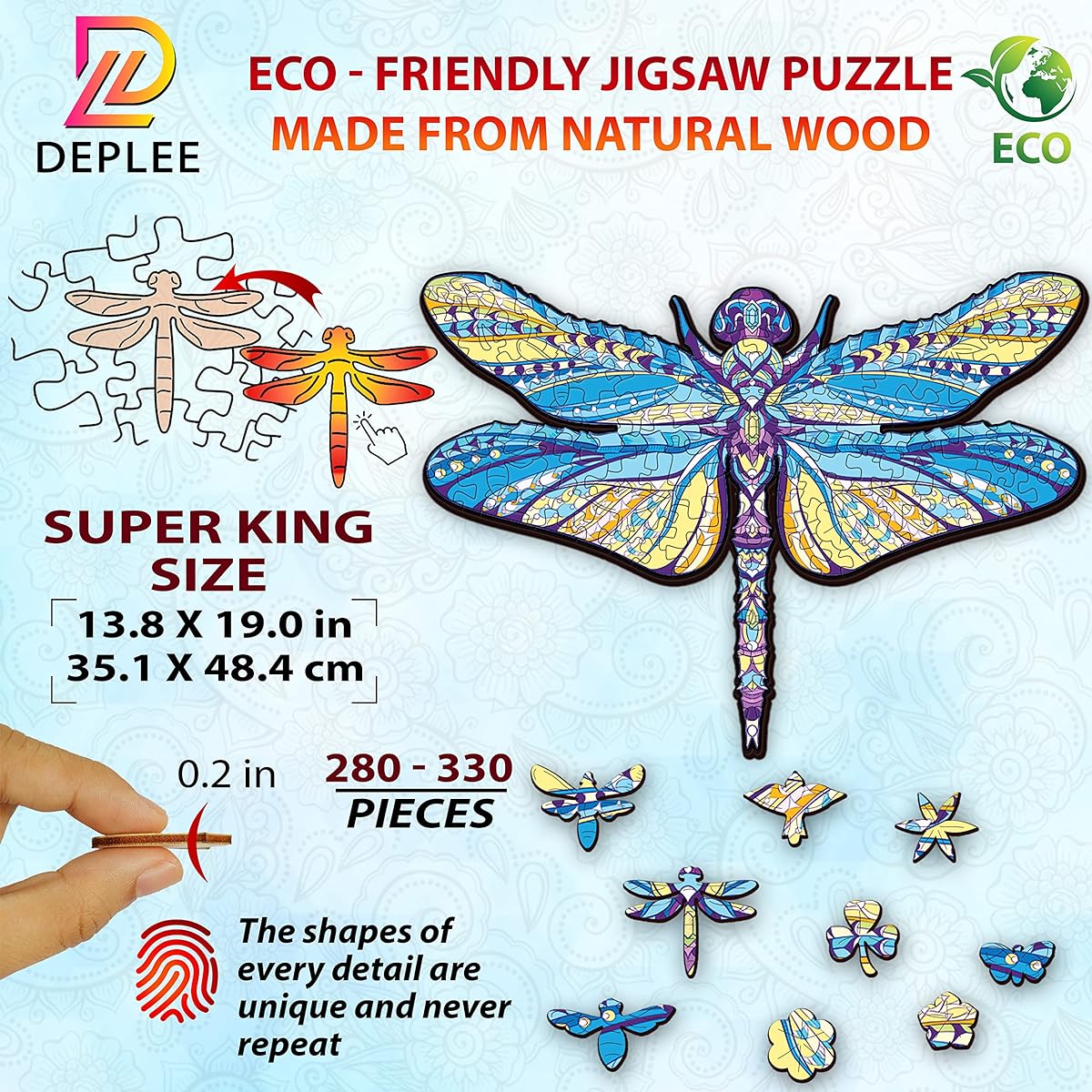 DEPLEE Wooden Puzzles for Adults Dragonfly Wooden Jigsaw Puzzle Unique Shape Wooden Animal Puzzle Creative Challenge for Adults, Family and Friends 280-330 Pieces 13.8x19 Inch Super King