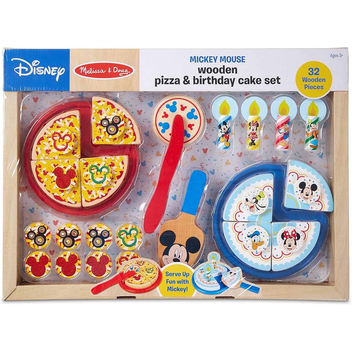 Melissa & Doug Mickey Mouse Wooden Pizza and Birthday Cake Set (32 Pieces) – Play Food