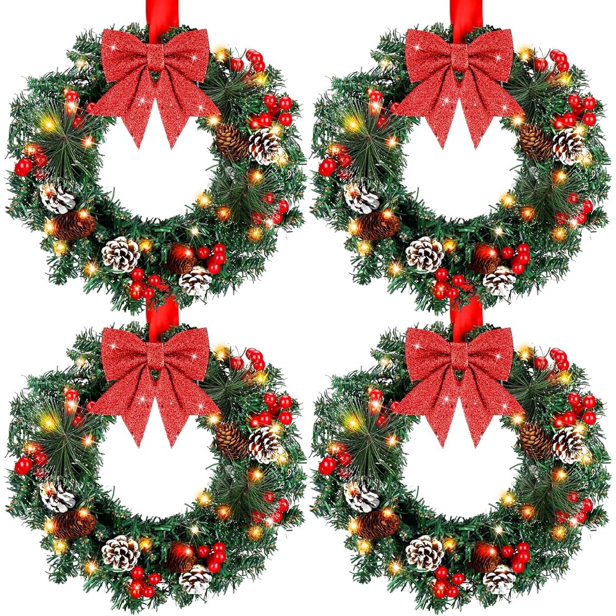 VIHOSE Christmas Wreaths, 4pcs 13inch Artificial Christmas Front Door Wreath Ornaments with LED Lights Christmas Wreath with Red Ribbon, Pine Cones, Red Berries and Pine Needles for Holiday Party Decorations, Battery Operated