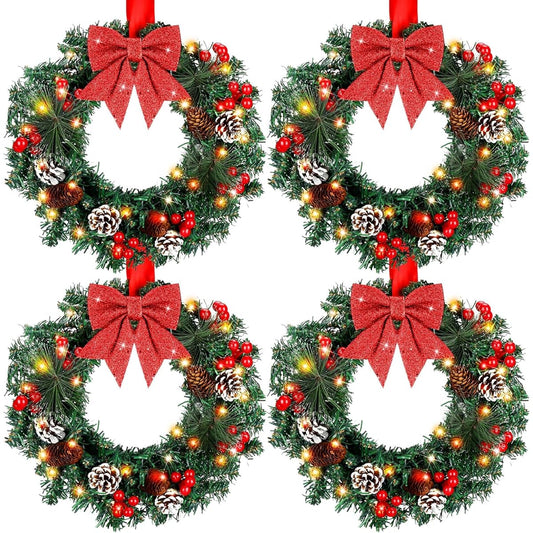 VIHOSE Christmas Wreaths, 4pcs 13inch Artificial Christmas Front Door Wreath Ornaments with LED Lights Christmas Wreath with Red Ribbon, Pine Cones, Red Berries and Pine Needles for Holiday Party Decorations, Battery Operated