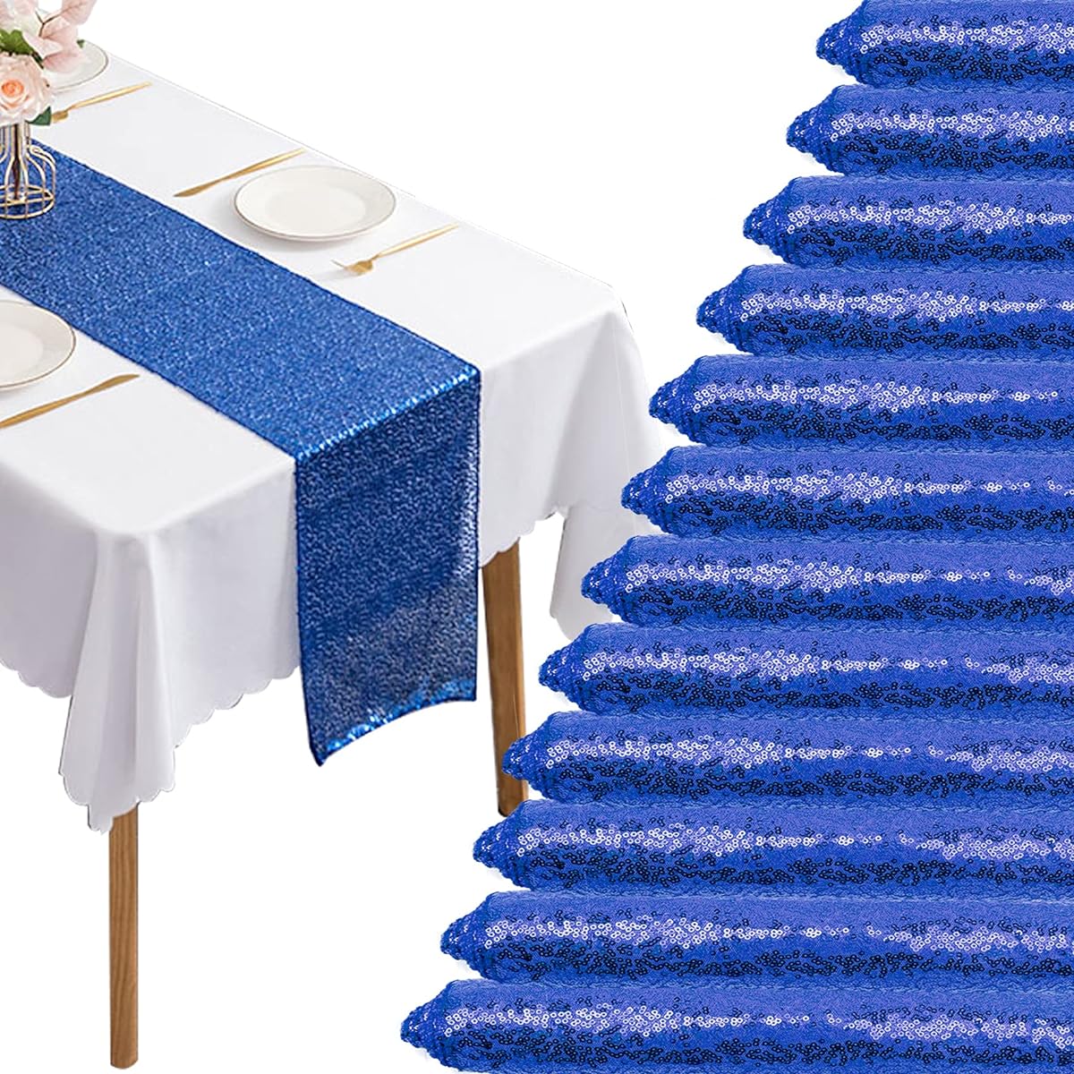 Sequin Table Runner 12 x 108 Inch Glitter Dining Table Runners for Birthday/Wedding/Engagement/Bridal/Baby Shower/Bachelorette/Holiday/Celebration/Party Supplies Decorations 12 Pack Royal Blue