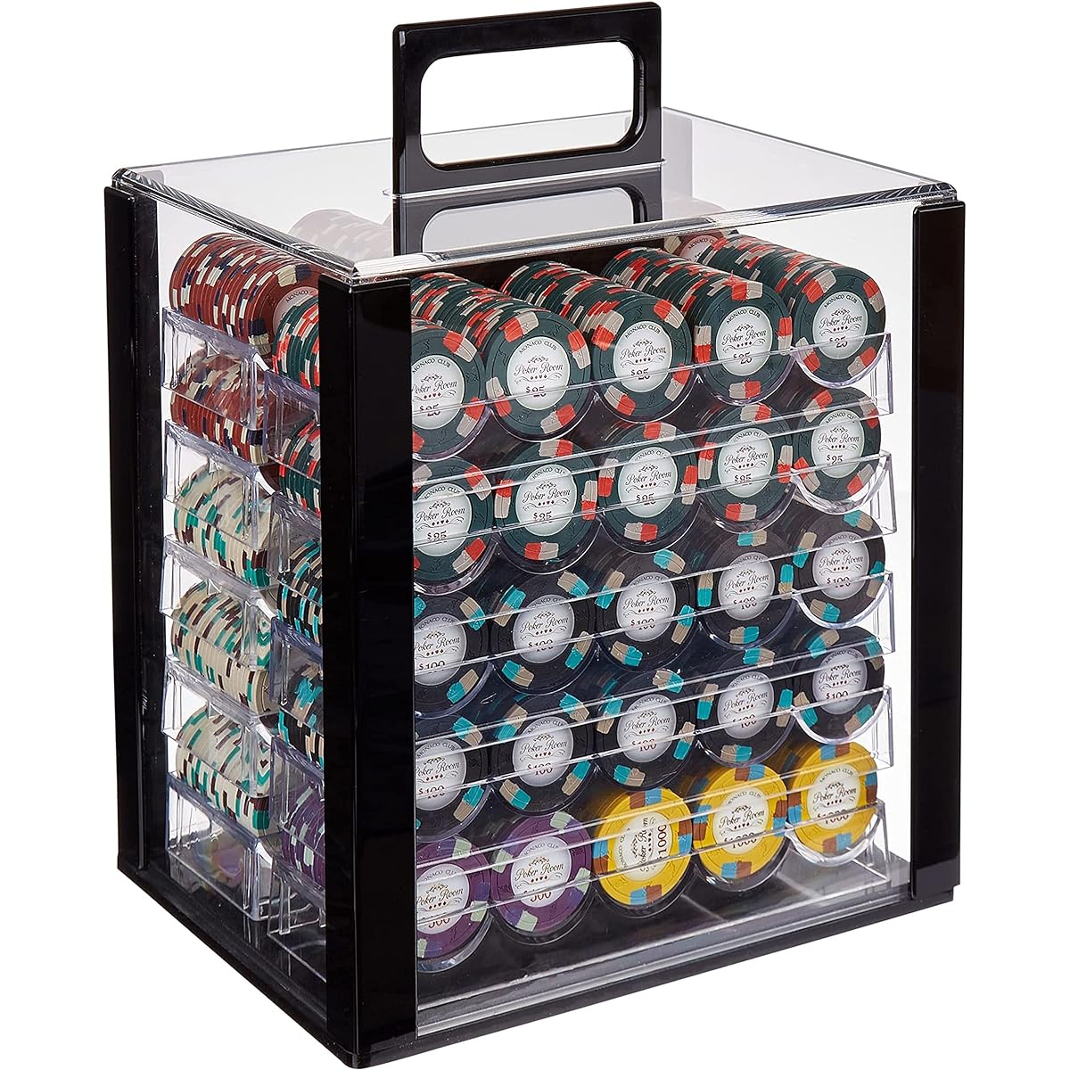Monaco Club Poker Chip Set - 1000 Heavyweight (13.5 Gram) Clay Composite Chips with Numbers, 10 Acrylic Trays and Carry Case - Professional Casino Supplies Kit Holder Storage Container
