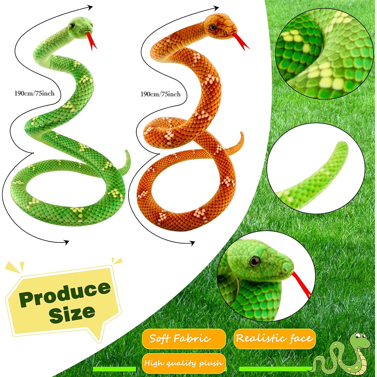 Haconba 4 Pack 75" Large Snake Animal Toys Giant Cobra Python Stuffed Animal Snake Animal Theme Birthday Party Supplies Halloween Gag Props (Green, Brown)