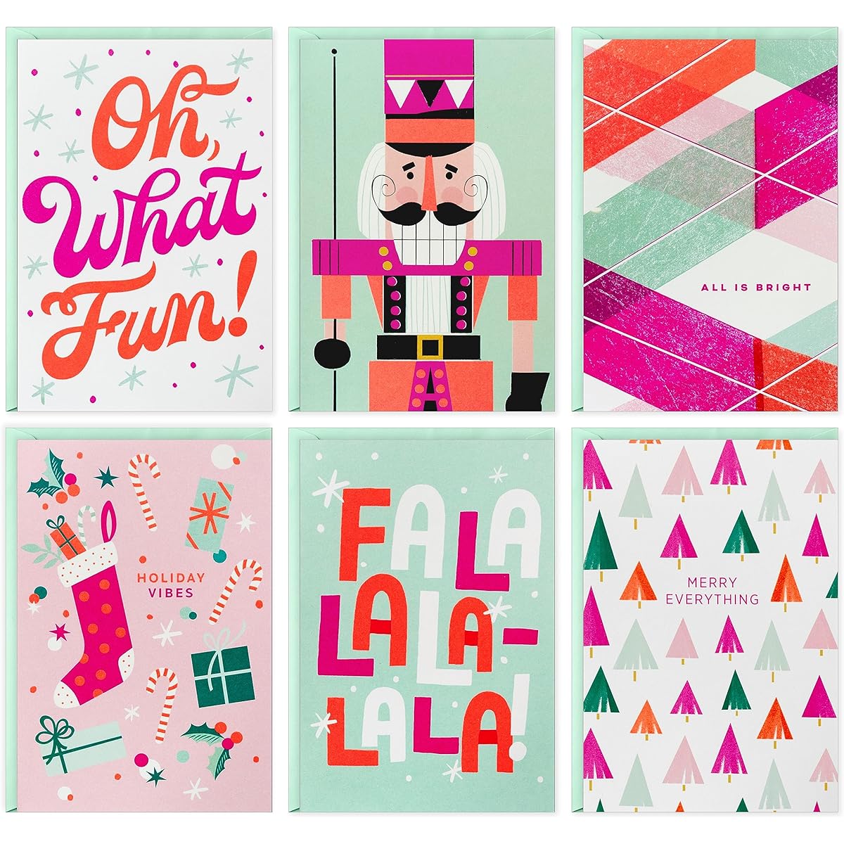 Hallmark Neon Christmas Card Assortment (24 Cards and Envelopes) Holiday Vibes Pink Red Mint Green Nutcracker