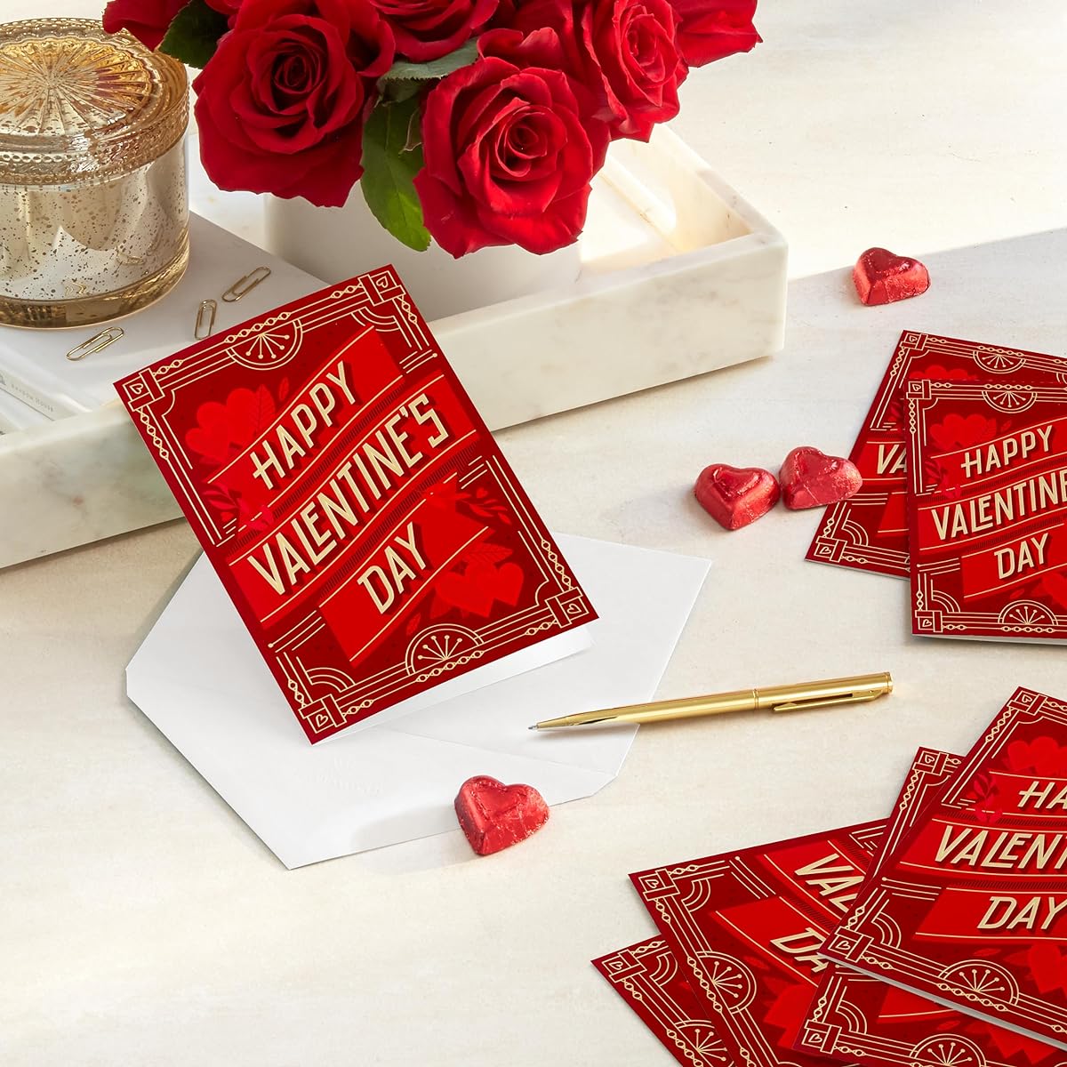 Hallmark Bulk Happy Valentine's Day Cards (40 Cards with Envelopes) Red Art Deco