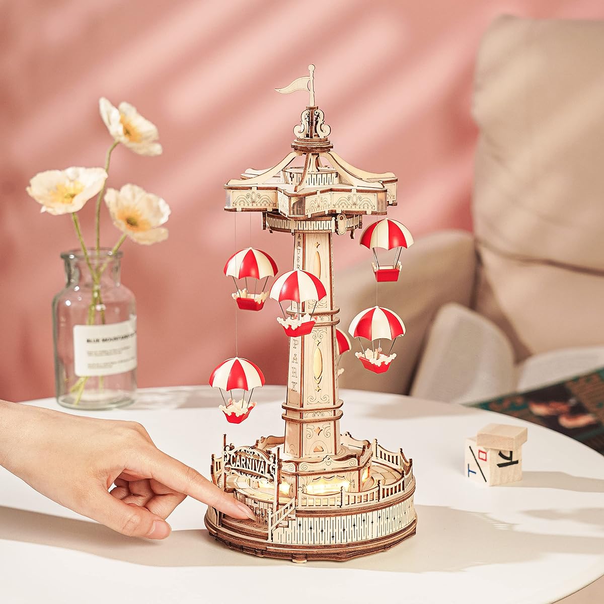 Wowood Model Kit 3D Puzzle for Adults Lifting Parachute Tower Mechanical Music Box with LED Lights DIY Crafts/Hobbies/Gifts for Adults/Teens/Boys/Girls (Parachute Tower)