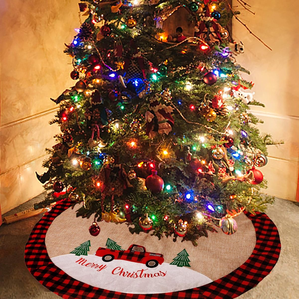 Juegoal Christmas Burlap Tree Skirt, 48 Inch Soft Christmas Tree Mat for Christmas Party Decorations, Christmas Trees, Holiday Decorations