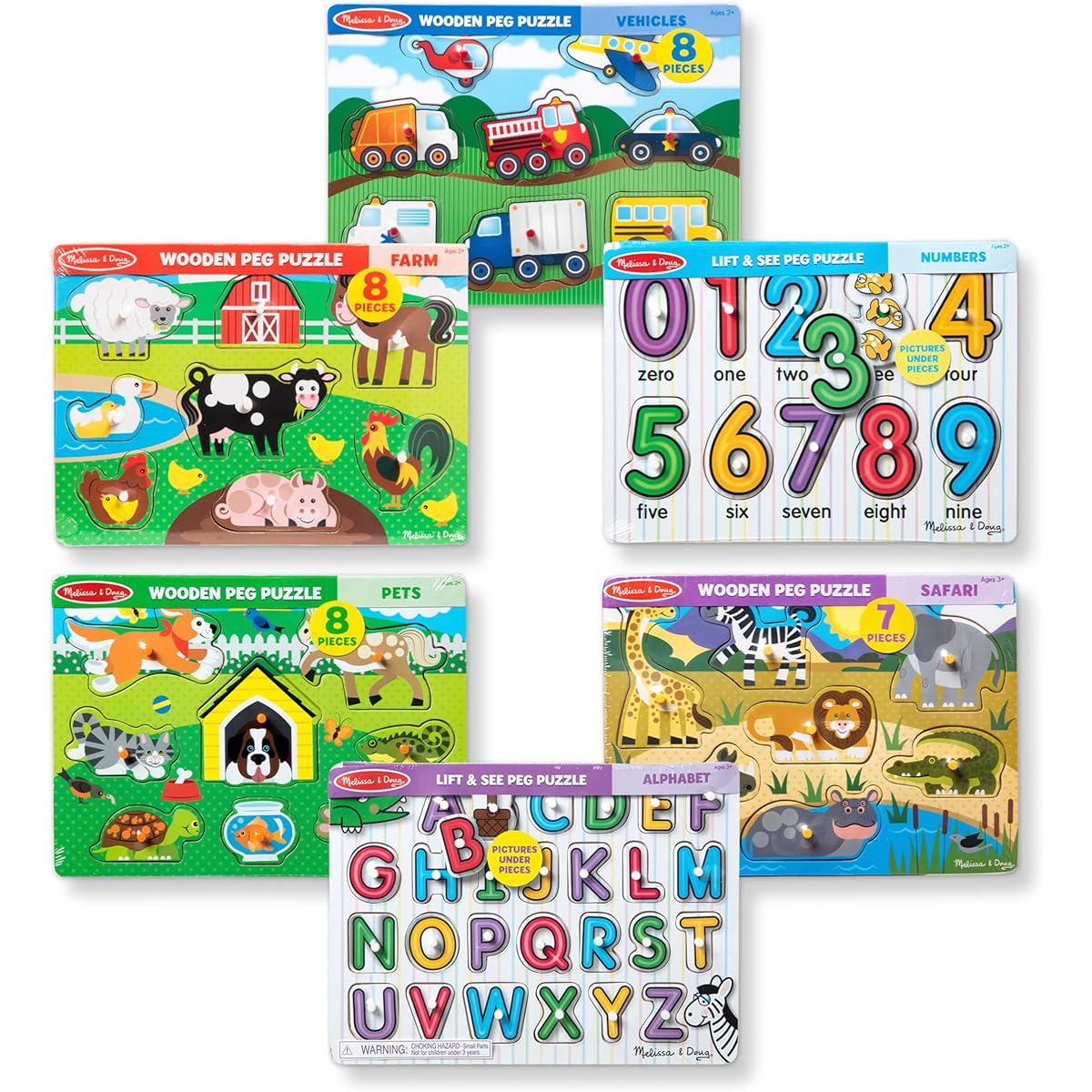 Melissa & Doug Wooden Peg Puzzle 6 Pack Numbers Letters Animals Vehicles