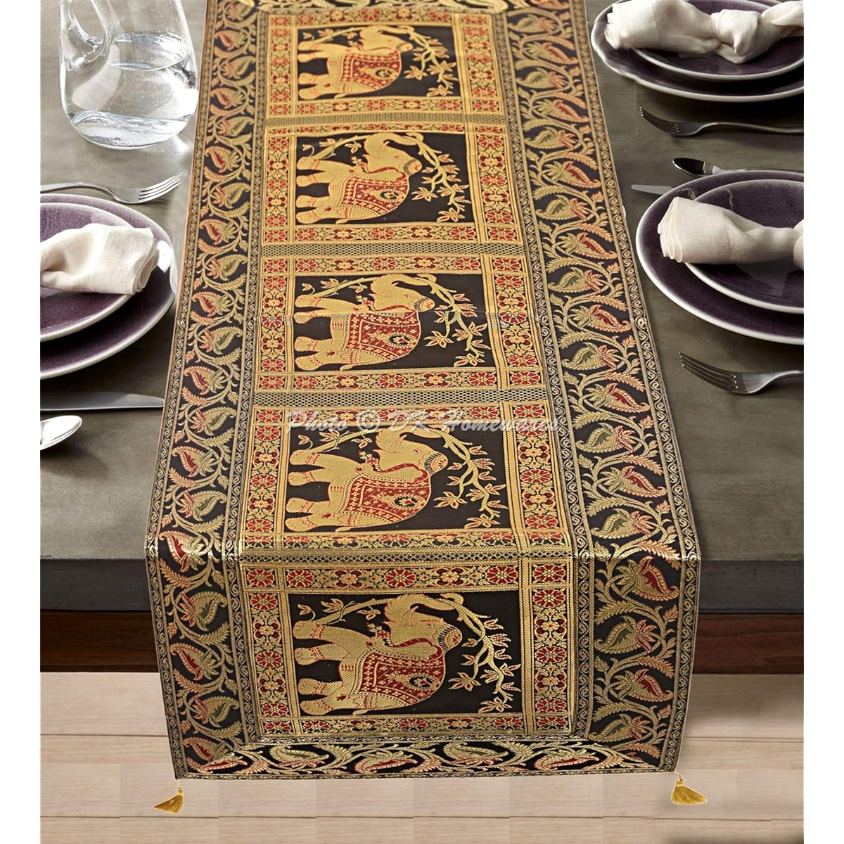 DK Homewares Ethnic Traditional Birthday Party Elephant Tassel Work Table Runner Black Gold Brocade Satin 60" Length Dining Table Decor 5ft Centerpiece (150 X 40 cm)